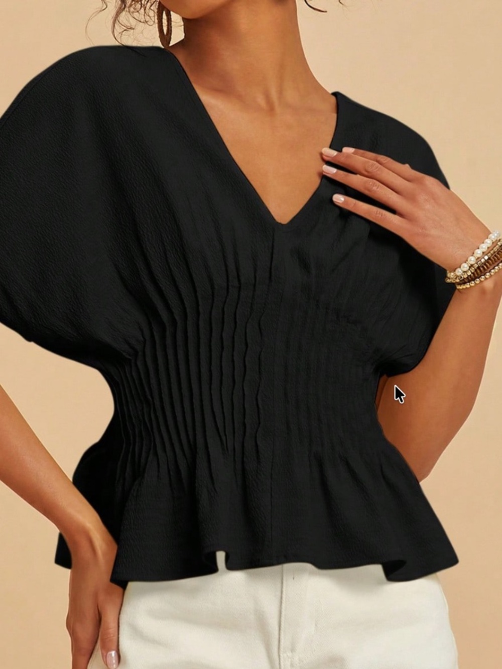 Solid V neck Pleated Batwing Sleeve Cotton Top - Picture 7 of 10